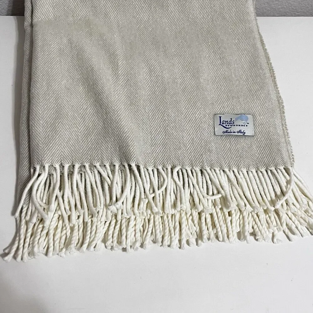 Lands Downunder Italian Herringbone Fringed Beige Throw Blanket Soft Italy